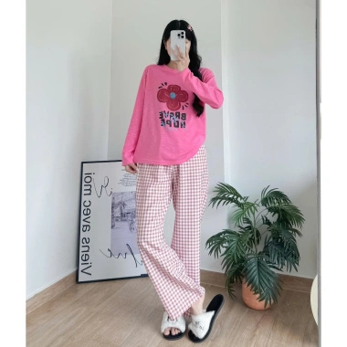 Sét bộ dài mặc Tết, mặc Đông xinh xắn LAMFASHION, Đồ bộ dài mặc nhà in hình, quần kate dáng suông, Áo dài tay xượt mềm