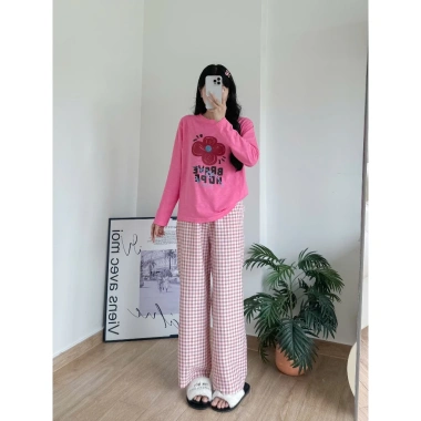 Sét bộ dài mặc Tết, mặc Đông xinh xắn LAMFASHION, Đồ bộ dài mặc nhà in hình, quần kate dáng suông, Áo dài tay xượt mềm