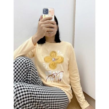 Sét bộ dài mặc Tết, mặc Đông xinh xắn LAMFASHION, Đồ bộ dài mặc nhà in hình, quần kate dáng suông, Áo dài tay xượt mềm
