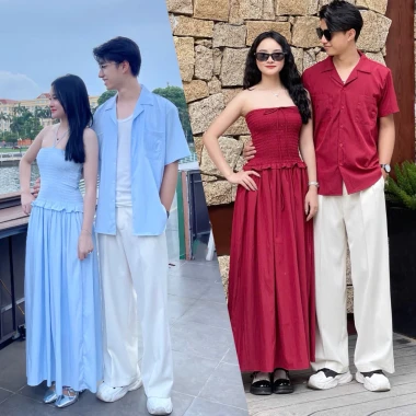 Set đồ đôi áo váy 3 màu vàng đỏ xanh, dáng cúp bo chun xinh, chỉ 370.000