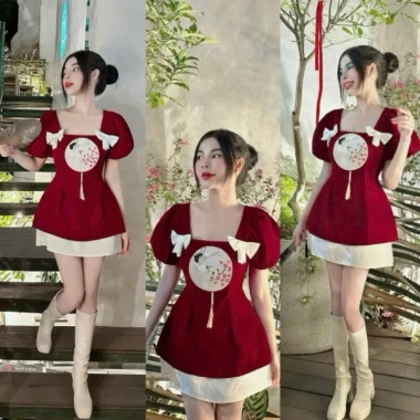 Set nhung bigsize 60-140kg: tết chân váy + áo thêu cò lung chun, ưu đãi 236.000