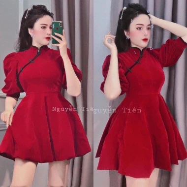 Set nhung bigsize 60-140kg: tết chân váy + áo thêu cò lung chun, ưu đãi 236.000