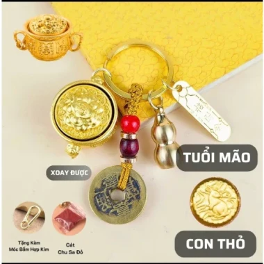 [ Tặng Kèm Móc Khóa Đồng và Chu Sa ] Móc khóa Phong thủy Bát Tụ Bảo 12 Con Giáp , Nắp Xoay 360 , Bằng Hợp Kim, Size Lớn 14