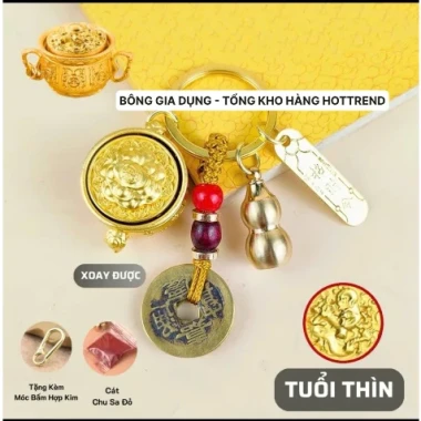 [ Tặng Kèm Móc Khóa Đồng và Chu Sa ] Móc khóa Phong thủy Bát Tụ Bảo 12 Con Giáp , Nắp Xoay 360 , Bằng Hợp Kim, Size Lớn 15