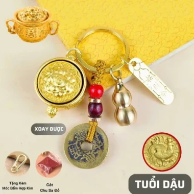 [ Tặng Kèm Móc Khóa Đồng và Chu Sa ] Móc khóa Phong thủy Bát Tụ Bảo 12 Con Giáp , Nắp Xoay 360 , Bằng Hợp Kim, Size Lớn 20