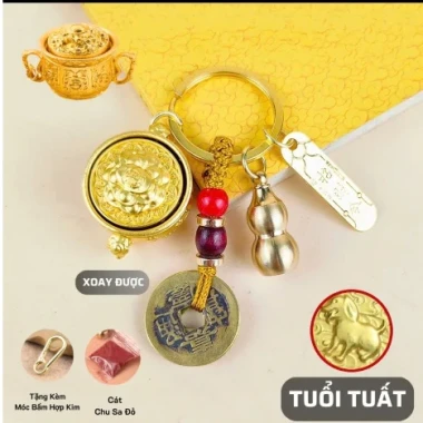 [ Tặng Kèm Móc Khóa Đồng và Chu Sa ] Móc khóa Phong thủy Bát Tụ Bảo 12 Con Giáp , Nắp Xoay 360 , Bằng Hợp Kim, Size Lớn 21