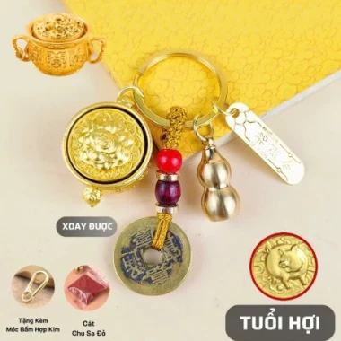 [ Tặng Kèm Móc Khóa Đồng và Chu Sa ] Móc khóa Phong thủy Bát Tụ Bảo 12 Con Giáp , Nắp Xoay 360 , Bằng Hợp Kim, Size Lớn 22
