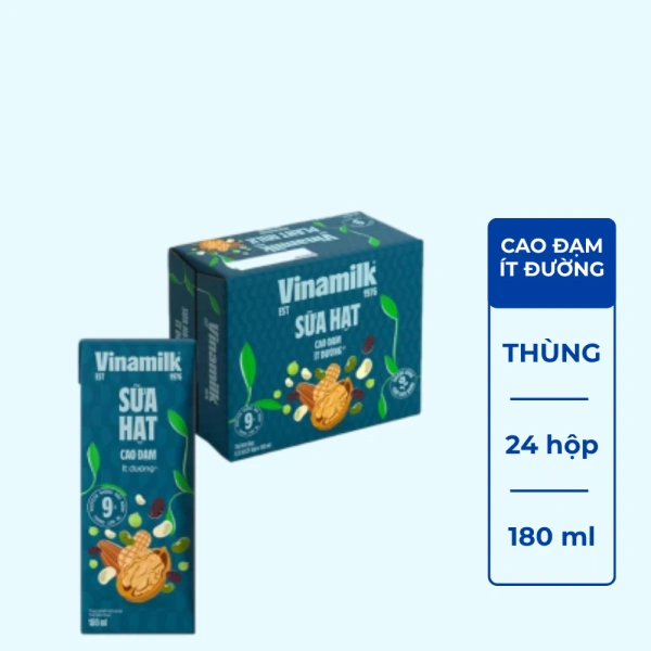 Hình ảnh sản phẩm Thùng 24 hộp sữa hạt Vinamilk cao đạm 180ml, ít đường, giảm 18% chỉ 377.000đ