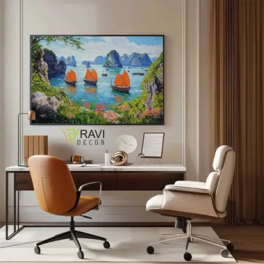 Tranh Phong Cảnh Việt Nam - Vịnh Hạ Long Canvas In Bền Màu Sắc Nét Treo Tường Phòng Khách 60x90cm 7