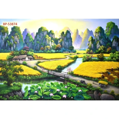 Tranh vải lụa in giả Sơn Dầu Dán tường 3D Phong Cảnh Làng Quê mẫu mới tặng keo và dụng cụ 3 Tranh vải lụa in giả Sơn Dầu Dán tường 3D Phong Cảnh Làng Quê mẫu mới tặng keo và dụng cụ 3