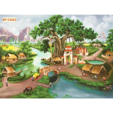 Tranh vải lụa in giả Sơn Dầu Dán tường 3D Phong Cảnh Làng Quê mẫu mới tặng keo và dụng cụ 5 Tranh vải lụa in giả Sơn Dầu Dán tường 3D Phong Cảnh Làng Quê mẫu mới tặng keo và dụng cụ 5