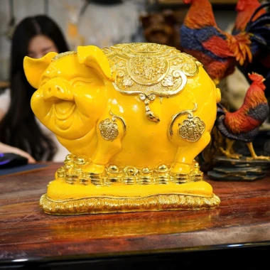 Tượng Heo Béo phong thủy - Lợn Đất bệ vàng trang trí tủ kệ phòng khách, tiết kiệm, Quà tặng tân gia 2