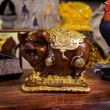 Tượng Heo Béo phong thủy - Lợn Đất bệ vàng trang trí tủ kệ phòng khách, tiết kiệm, Quà tặng tân gia 4