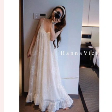 Váy maxi nữ thêu hoa 2 dây, chân bèo, dáng xuông, tơ 2 lớp cao cấp - chỉ 285k