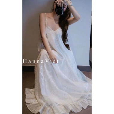 Váy maxi nữ thêu hoa 2 dây, chân bèo, dáng xuông, tơ 2 lớp cao cấp - chỉ 285k