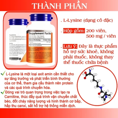 Viên uống L-Lysine giảm mụn nội tiết Tăng sinh collagen Hỗ trợ miễn dịch 500 mg 200 viên 2 Viên uống L-Lysine giảm mụn nội tiết Tăng sinh collagen Hỗ trợ miễn dịch 500 mg 200 viên 2
