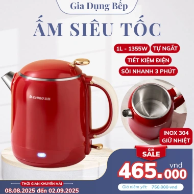 Ấm đun siêu tốc 1L inox 304 giữ nhiệt, sôi nhanh 3 phút, tự ngắt tiết kiệm điện chỉ 482k