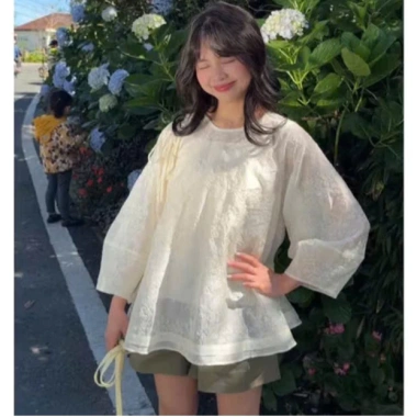 Áo babydoll A.821 tay dài tơ hoa cổ tròn dáng rộng nơ buộc chéo + áo 2 dây - 187k