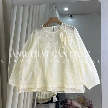 Áo babydoll A.821 tay dài tơ hoa cổ tròn dáng rộng nơ buộc chéo + áo 2 dây - 187k
