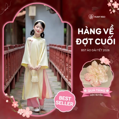 Áo dài cách tân bé gái Humy Ngo 4 tà lụa gấm vàng hồng - Giảm còn 725k!