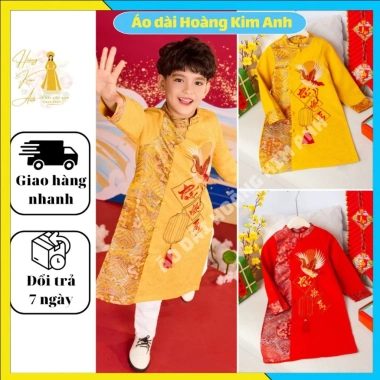 Áo Dài Cách Tân Bé Trai Tết - Hoạ Tiết Hạc Phúc Lộc Thọ Đỏ Vàng - Giảm 52.560đ