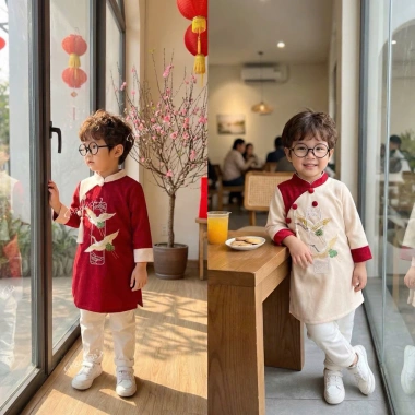 Áo Dài Cách Tân Cho Bé Trai 10-30kg - Nhung Lì Thêu Đôi Chim Hạc & 3 Cúc Ngực Chiết Giá 119k