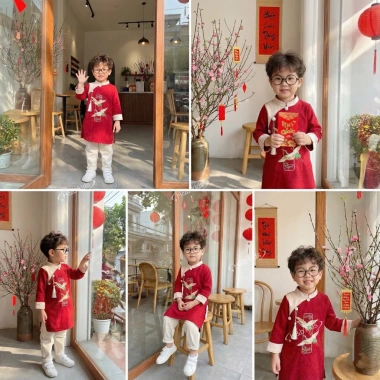 Áo Dài Cách Tân Cho Bé Trai 10-30kg - Nhung Lì Thêu Đôi Chim Hạc & 3 Cúc Ngực Chiết Giá 119k