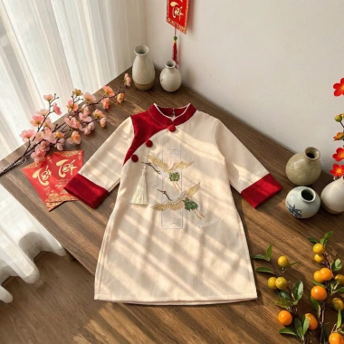 Áo Dài Cách Tân Cho Bé Trai 10-30kg - Nhung Lì Thêu Đôi Chim Hạc & 3 Cúc Ngực Chiết Giá 119k