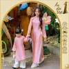 Áo dài cách tân mẹ và bé gái Tết 2.026 - Dáng suông tơ tằm cao cấp màu hồng chỉ 384.800đ