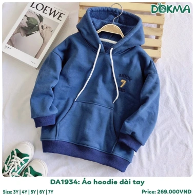 Áo hoodie lót lông dài tay Dokma 12‑23kg cho bé, ấm áp, giá 269k