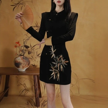 Áo ngắn tay retro Trung Hoa sườn xám siêu nhẹ - Phong cách lễ hội thu đông