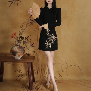 Áo ngắn tay retro Trung Hoa sườn xám siêu nhẹ - Phong cách lễ hội thu đông