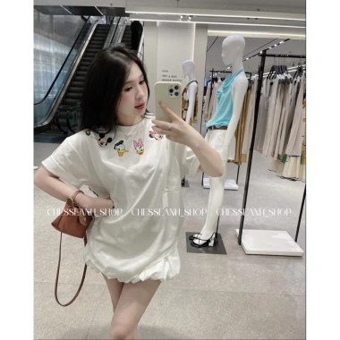 Áo phông hoạt hình viền cổ cute oversize form giấu quần cotton thoáng mát - Hot Trend - 200.000đ