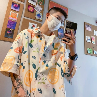 Áo sơ mi nam tay ngắn dáng rộng họa tiết chanh và hoa, thời trang Hàn Quốc mùa hè, chất lượng cao, giá 159.840 VND 8