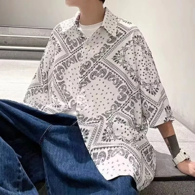 Áo sơ mi nam tay ngắn in hình bandana rộng, phong cách Hawaii mát mẻ mùa hè