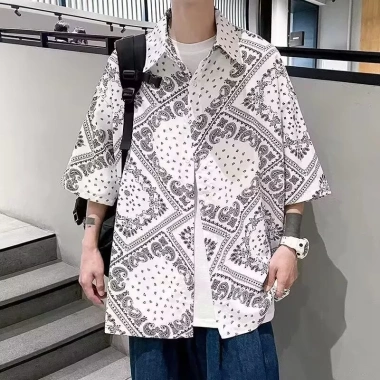 Áo sơ mi nam tay ngắn in hình bandana rộng, phong cách Hawaii mát mẻ mùa hè