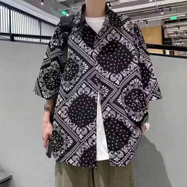 Áo sơ mi nam tay ngắn in hình bandana rộng, phong cách Hawaii mát mẻ mùa hè