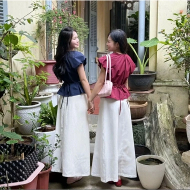 Áo sơ mi nữ A.838 cổ tròn tay ngắn bồng cúc, ôm eo 3 nơ buộc dọc - Dễ phối, 145k 7