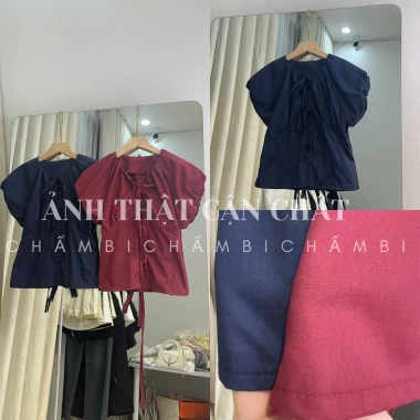 Áo sơ mi nữ A.838 cổ tròn tay ngắn bồng cúc, ôm eo 3 nơ buộc dọc - Dễ phối, 145k 8