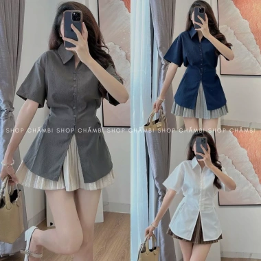 Áo sơ mi nữ cổ đức tay ngắn chiết eo xòe nhẹ, dây buộc sau lưng - Giá 105.000₫