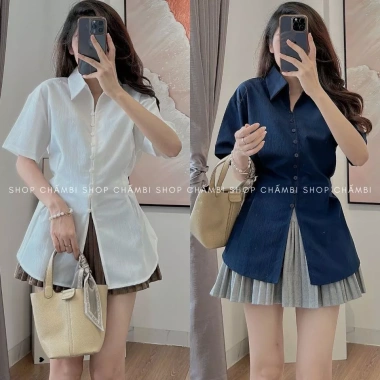Áo sơ mi nữ cổ đức tay ngắn chiết eo xòe nhẹ, dây buộc sau lưng - Giá 105.000₫