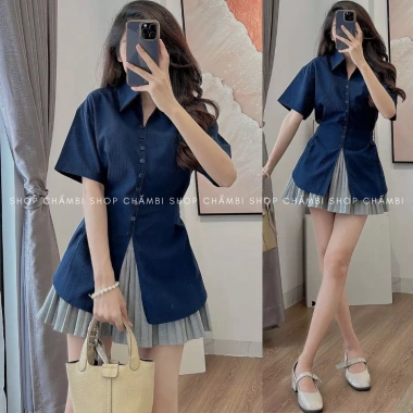 Áo sơ mi nữ cổ đức tay ngắn chiết eo xòe nhẹ, dây buộc sau lưng - Giá 105.000₫