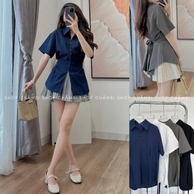 Áo sơ mi nữ cổ đức tay ngắn chiết eo xòe nhẹ, dây buộc sau lưng - Giá 105.000₫ 7 Áo sơ mi nữ cổ đức tay ngắn chiết eo xòe nhẹ, dây buộc sau lưng - Giá 105.000₫ 7