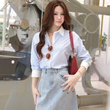 Áo sơ mi nữ GILLEE dáng classic phối cổ và tay áo màu trắng vải kate Mỹ công sở cao cấp thoáng khí FAS369