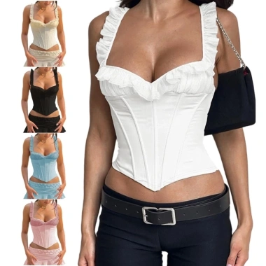 Áo thời trang nữ ngắn quai spaghetti, ren viền bèo, kiểu bodycon corset – chỉ 247.187 đ giảm giá