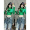 Áo thun croptop VANISA CT122 giá chỉ 45k - Tay dài, in chữ BB, xanh lá hồng, thun tăm cao cấp