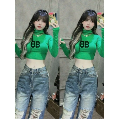 Áo thun croptop VANISA CT122 giá chỉ 45k - Tay dài, in chữ BB, xanh lá hồng, thun tăm cao cấp