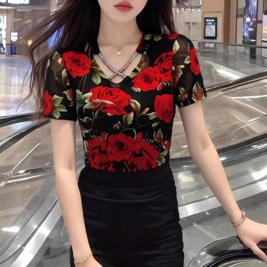 Áo thun ngắn tay cổ chữ V chéo của MIOU, thiết kế vừa vặn dành cho nữ, thời trang và sang trọng mùa hè 10