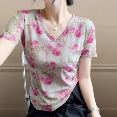 Áo thun nữ cổ chữ V ngắn tay, thiết kế lưới in hình, phù hợp mùa hè 2.025 - DL Thời Trang Cao Cấp