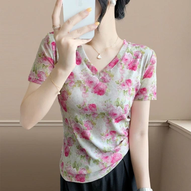 Áo thun nữ cổ chữ V ngắn tay, thiết kế lưới in hình, phù hợp mùa hè 2.025 - DL Thời Trang Cao Cấp